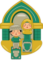 Children Praying at Mosque Vector Illustration