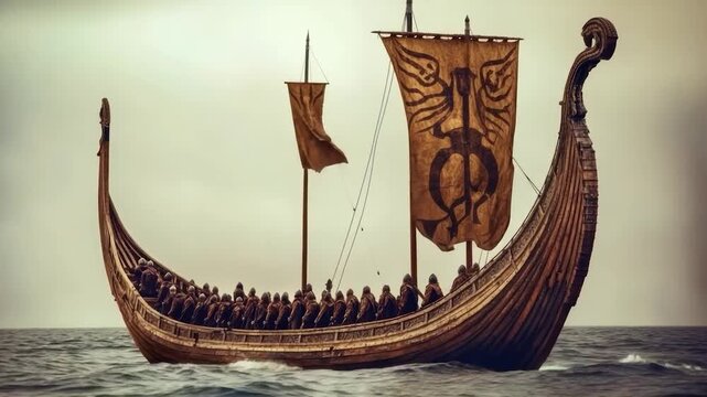 A long wooden vessel filled with warriors sails the sea under a cloudy sky, banners unfurled
