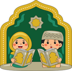 Boy and Girl Reading Quran Vector Illustration