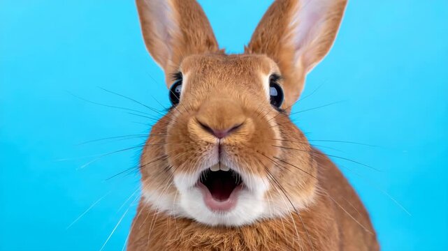 Close-up of a surprised orange rabbit with mouth open on a blue background