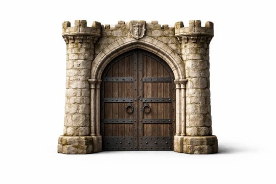 Professional studio photo medieval castle gate with heavy wooden doors and iron bands arched stone surround realistic weathering closed centered isolated on white background