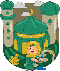 Girl Ablution at Mosque Vector Illustration