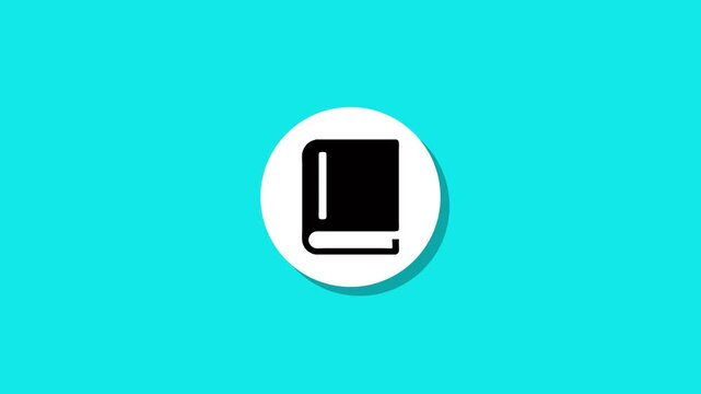 Animated book icon on a teal background. Motion graphic with circular animation and shadow effect.