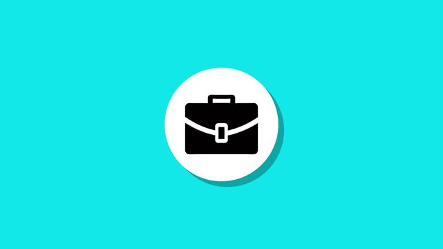 Minimalist motion graphics animation of black briefcase icon appearing on white circle over bright turquoise background
