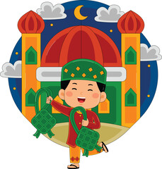 Boy Holding Ketupat Vector Illustration