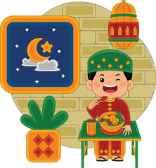 Boy Eating Sahur Food at Night Vector Illustration