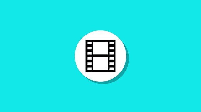 Minimalist motion graphics animation showing film strip icon appearing on white circle background with drop shadow