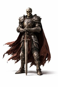 Professional studio photo medieval fantasy warrior skeleton in full plate armor standing upright with massive twohanded sword planted tip down on smooth white surface isolated on white background