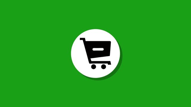 Flat design shopping cart icon animation on green background representing ecommerce commerce business and online retail stores