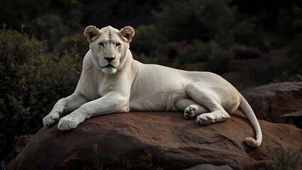Obraz premium White Lion Resting on Rock in Natural Wilderness
