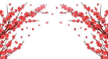 Fototapeta premium Vibrant red leaves on branches with falling petals on white background. Chinese New Year 2026 Celebration.