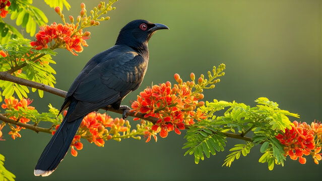 Stunning glossy black Asian Koel bird with striking red eye perched on vibrant orange-red Peacock Flower branch against soft emerald green bokeh