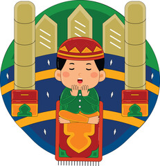 Boy Praying on Prayer Mat Vector Illustration