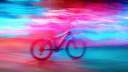 Fototapeta premium Bike rides through colorful lights at night on a busy street