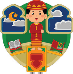 Boy Praying on Prayer Mat Vector Illustration