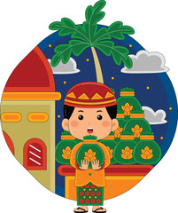 Moslem Boy Holding Charity Bags Vector Illustration