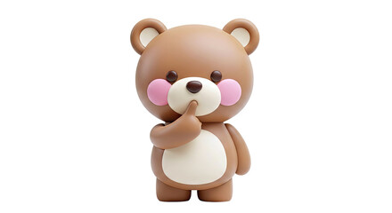 Cute brown teddy bear with finger on lips, appearing thoughtful