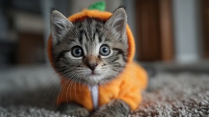 Naklejka premium Adorable Tabby Kitten Portrait with Pumpkin Costume for Autumn Season