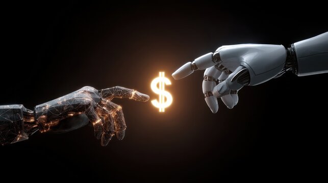 Robotic hands touching dollar symbol concept of finance