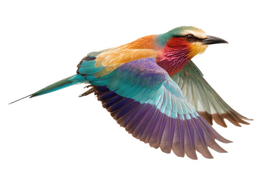 Colorful lilac breasted roller bird in flight isolated on transparent background. Lilac-breasted roller bird in flight, vibrant colors isolated on white background.