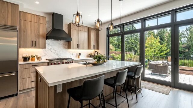 A modern kitchen showcases wood cabinetry, stainless steel appliances, marble backsplash and island seating with nature view