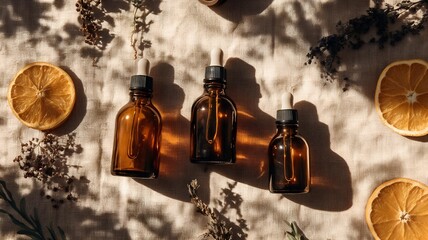 amber glass bottles on linen with dried herbs and citrus. natural wellness skincare flat lay