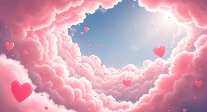 A serene heart-shaped cloud formation with pink hearts floating amidst soft fluffy clouds against a blue sky