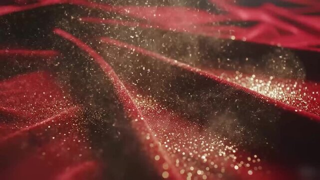 deep ruby red velvet texture with soft directional lighting gentle shadow gradients and fine champagne gold dust floating subtly cinematic glow and rich refined festive atmosphere