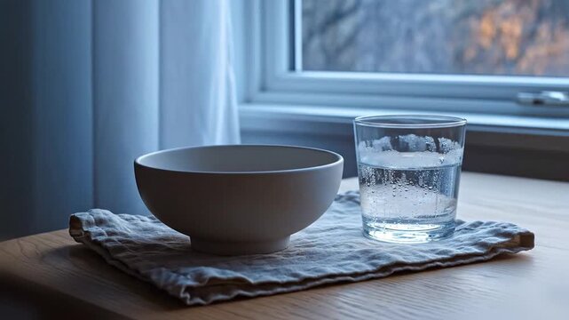 light oak table near a window with soft early morning blue light one ceramic bowl a glass of water and a linen napkin sheer curtains glowing gently calm neutral palette