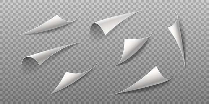 Realistic flipping book and page curl effect illustration set showing bent paper corners folded notebook sheets and brochure edges isolated for design mockups