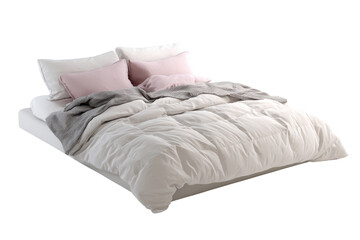 Cozy bed with pink pillows and patterned duvet isolated on transparent background. Cozy bed with pillows and blanket, ready for sleep isolated on white background.