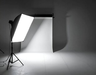 Studio scene; softbox illuminates blank backdrop; shadows and light play