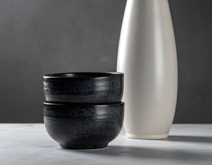 Stacked bowls near a white vase against a gray backdrop
