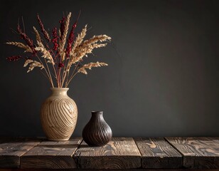 Two vases on a wooden table, with dried flowers, against a dark backdrop