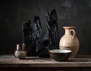 Still life composition with charred wood and earthenware on a wooden surface
