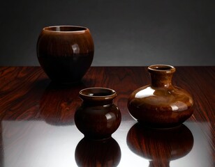 Three glazed brown pottery vases sit on a polished wooden surface