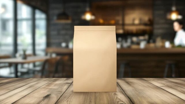 A standing brown paper package rests on a wooden table with a blurred restaurant backdrop