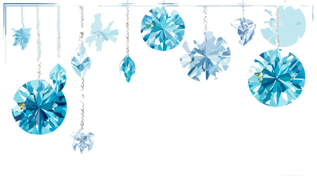 Wiszące, błyszczące kryształy lodowe i diamenty w odcieniach błękitu na białym tle, tworzące zimową dekorację.