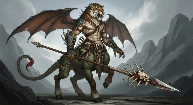 Ferocious winged feline humanoid stands ready for battle in a desolate mountain landscape