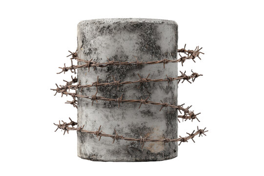 Frozen log wrapped in barbed wire isolated on transparent background. Concrete pillar wrapped with rusty barbed wire isolated on white background.
