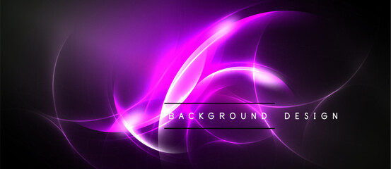 Obraz premium Abstract purple energy flow. Bright curves radiate from center, creating dynamic visual effect. Dark background enhances luminosity.