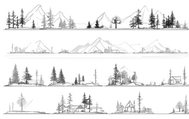 Szkice krajobraz&oacute;w g&oacute;rskich i leśnych z elementami architektonicznymi, rysowane oł&oacute;wkiem