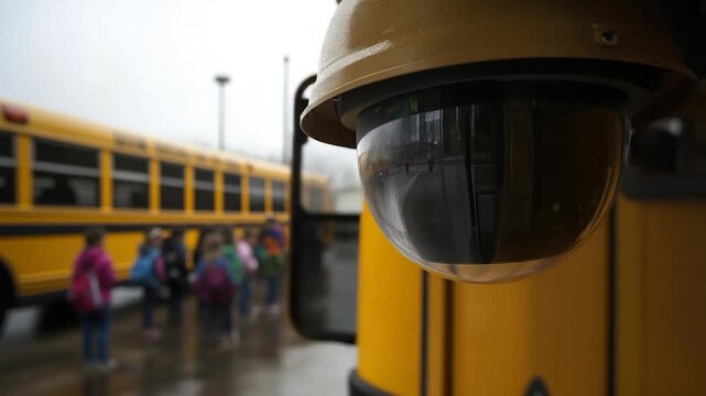 A security camera focuses on a school bus with children boarding. It's a rainy day