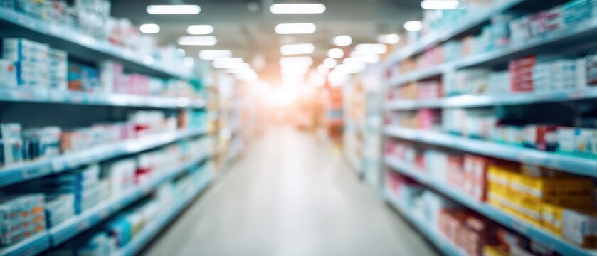 Blurred pharmacy aisle with medicine shelves, drugstore interior background