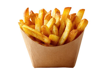 Crispy golden french fries in a brown paper cone isolated on transparent background. Crispy french fries in brown paper container isolated on white background.