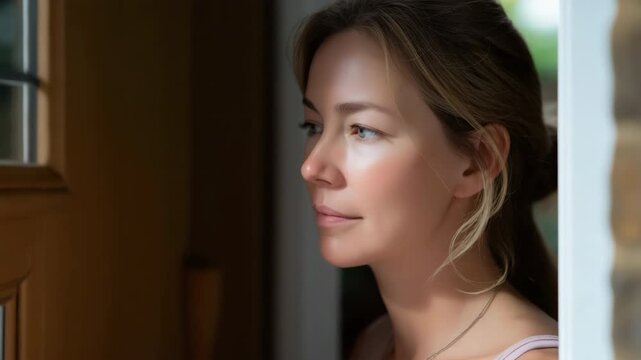 Caucasian female with light eyes posing thoughtfully indoors in natural light