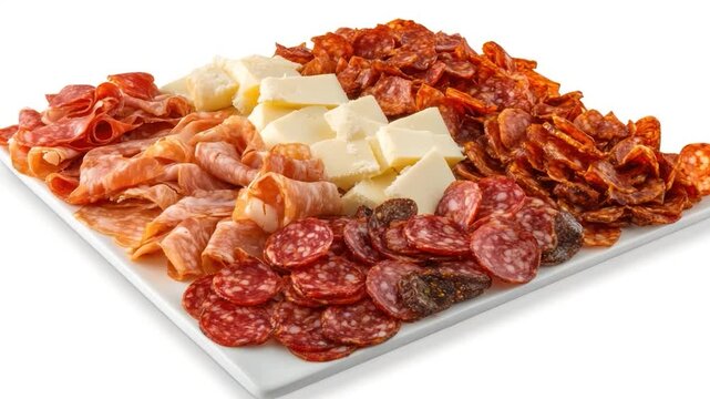 A rectangular platter displays curated sliced cured meats and cheese in segments