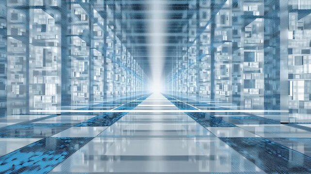 A futuristic building with a blue and white color scheme. Enterprise data privacy infrastructure, abstract vault-like data containers within digital architecture, calm trustworthy tone