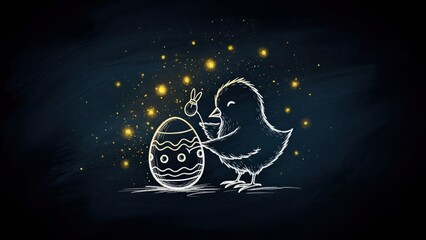 Cute chick painting an Easter egg with sparkles on a dark background copy space