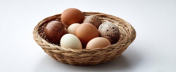The basket of assorted farm eggs including speckled and brown varieties